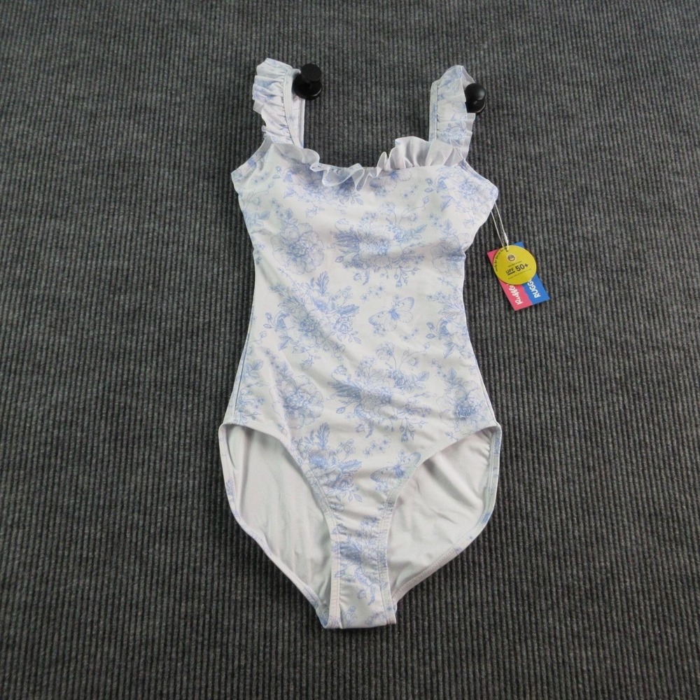 RuffleButts One Piece Womens S White Periwinkle Floral Ruffle Tank Lined NWT